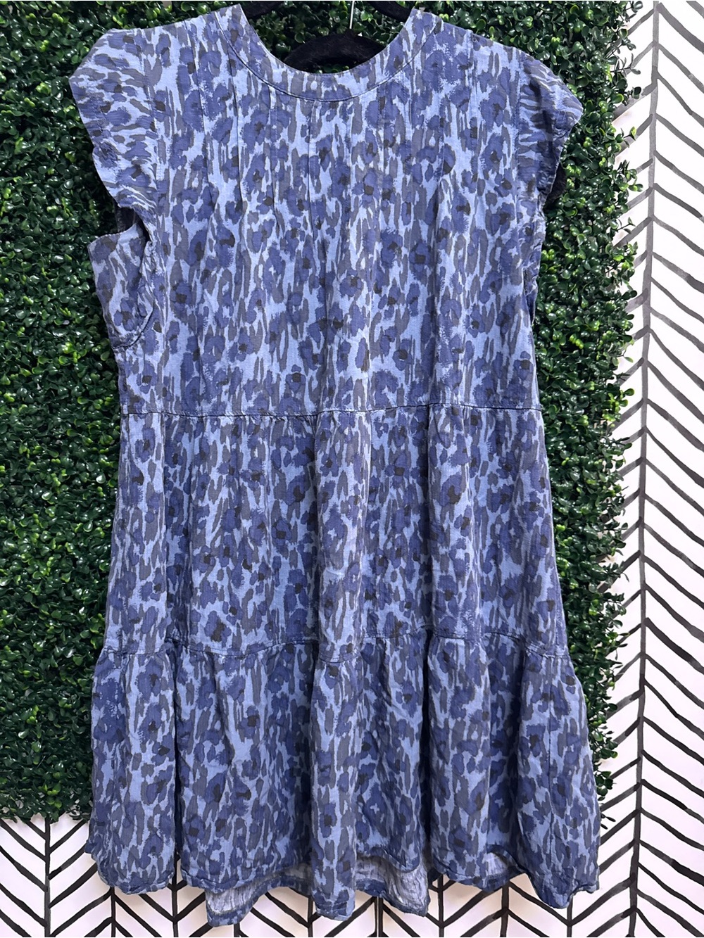 Blue Animal-Print Tiered Dress